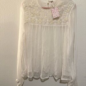 Free People Sheer White Embroidered Blouse